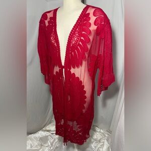 Sheer Red Sheer Lace Kimono Duster Women’s Medium